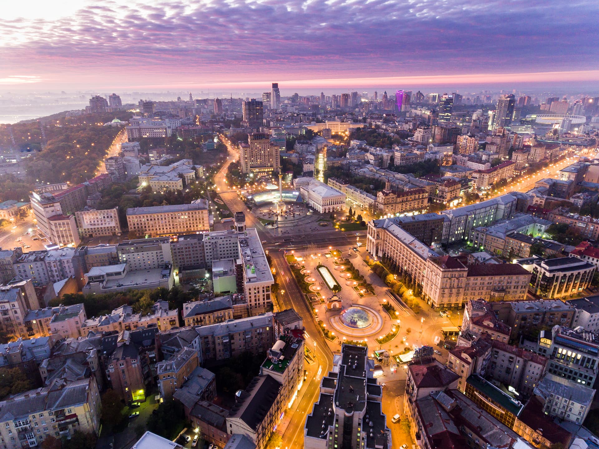 Kyiv — Independence Square at dusk — the centre of the city